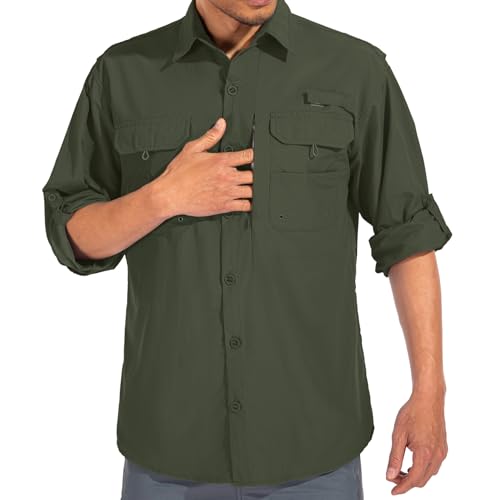 linlon Mens Safari Shirts Long Sleeve UV Protection Hiking Fishing UPF 50+ Quick Dry Cooling Camping Travel Shirts - color: Army Green, size: Large
