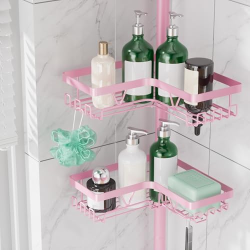 DAOYA Corner Shower Caddy Tension Pole - Pink - Rustproof Adjustable Bathroom Organizer Shelf for Shampoo, 25–114.2 Inch Shower Rack for Renters, Apartments - color: Pink
