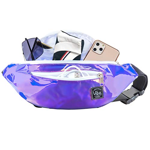 Vibe Festival Gear Rave Fanny Pack for Women Men – Festival, 4 Pockets, Adjustable Strap, Cute Waist Bag, Crossbody Belt Bag, Hiking, Running, Cycling - color: Purple Holographic Iridiscent, size: Fits Most