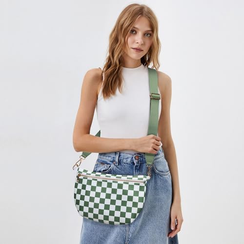 KALIDI Checkered Crossbody Bags for Women Travel Flat Fanny Packs for Woman Men Nylon Cross Body Purse Fashion Belt Bum Bag - color: Beans Green Checkered