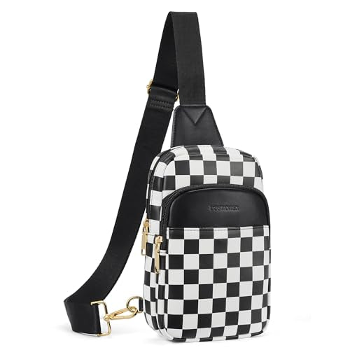 BOSTANTEN Sling Bag Quilted Crossbody Bags for Women Cross Body Purse Leather Fanny Pack with Adjustable Guitar Strap - color: A-checkered Black