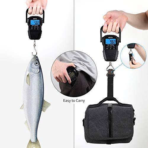 HEETA Fish Scale with Backlit LCD Display, Up to 110lb/50kg Digital Portable Hanging Fish Weight Scale with Hook & Measuring Tape for Home, Farm, Outdoor, Hunting, Fishing, 2 AAA Batteries Included - color: Black