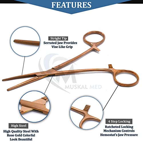 Set of 2 Curved & Straight 6.25" Hemostat Set (Rose Gold) - Stainless Steel Locking Tweezer Clamps - Ideal Hemostats for Nurses, Fishing Forceps, Crafts and Hobby