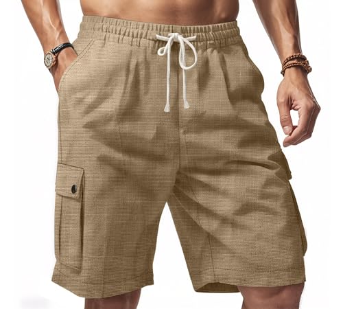 Mens Casual Linen Cargo Shorts Summer Fashion Solid Color Drawstring Elastic Waisted Beach Shorts Pockets - color: Khaki, size: Medium