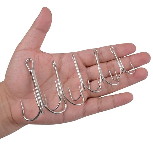 Classic Treble Fishing Hooks, 15pcs High Carbon Steel Large Treble Hooks Silver Triple Barbed Fish Hooks for Saltwater Freshwater Fishing Size 4/0 6/0 7/0 8/0 10/0 - size: 7/0-15pcs