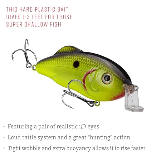 Strike King Hybrid Hunter Shallow Jr. Fishing Lure, Shallow Diving Crankbait, 90-Degree Bill, 3D Eyes, Loud Rattle, Dives 1 to 3-Feet,Size 4 & 6 Treble Hooks - color: Chartreuse with Black Back, size: 1 oz