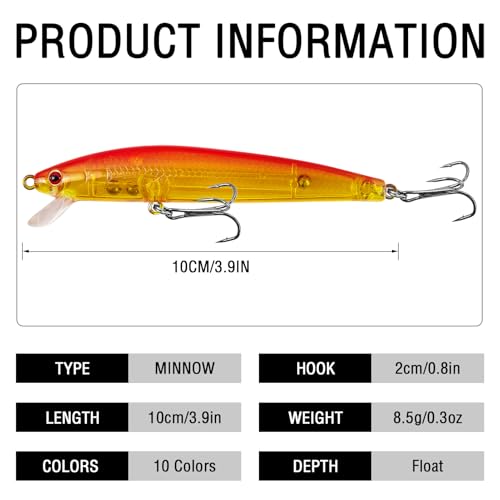 Fishing Lures Large Hard Bait Minnow VIB Lure with Treble Hook Life-Like Swimbait Fishing Bait Popper Crankbait Vibe Sinking Lure for Bass Trout Walleye Redfish - color: 10pcs 10cm/8.5g