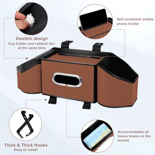 7-In-1 Car Seat Back Organizer with Cup Holders, Tissue Box, Garbage Can&Hooks, Multifunctional Headrest Storage Organizer, Headrest Cup Holder for Backseat, Car Accessories for Trips, Travels(Brown) - color: Brown