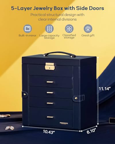 Homde Synthetic Leather Huge Jewelry Box Mirrored Watch Organizer Necklace Ring Earring Storage Lockable Gift Case (Dark Blue + Gold) - color: Dark Blue + Gold