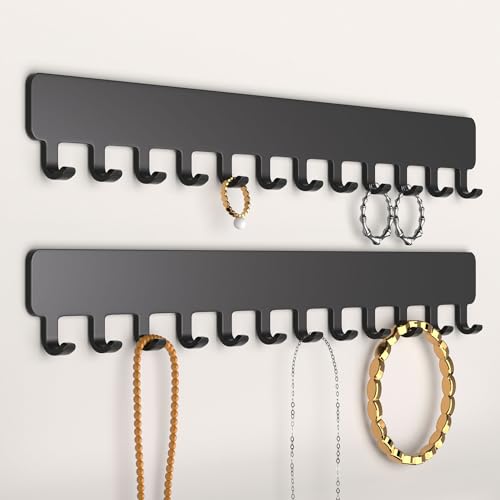 Bussdis Necklace Holder - Hanging Jewelry Organizer, Self-Adhesive, Wall Mount, 2 Pack, Black - color: Black, size: 9.84 inch