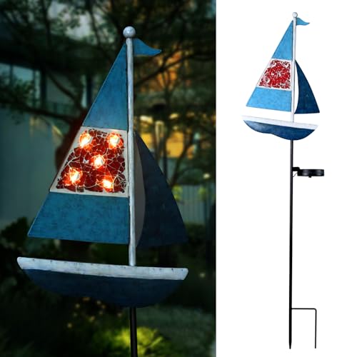 Solar Garden Lights Sailboat Stake Decor-Yard Outdoor Statue Decorations Waterproof 5 LED Metal Landscape Lighting Flower Bed,Pond,Yard,Lawn Gift for Mom Grandma Women - style: Sailboat