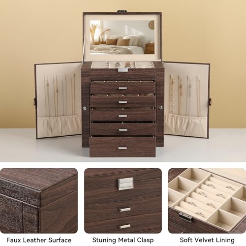 Frebeauty Large Jewelry Box,6-Tier PU Leather Jewelry Organizer,Multi-functional Storage Case with Mirror,Accessories Holder with 5 Drawers for Necklace Bracelets Watches(Tree Brown) - color: Tree Brown, size: Large
