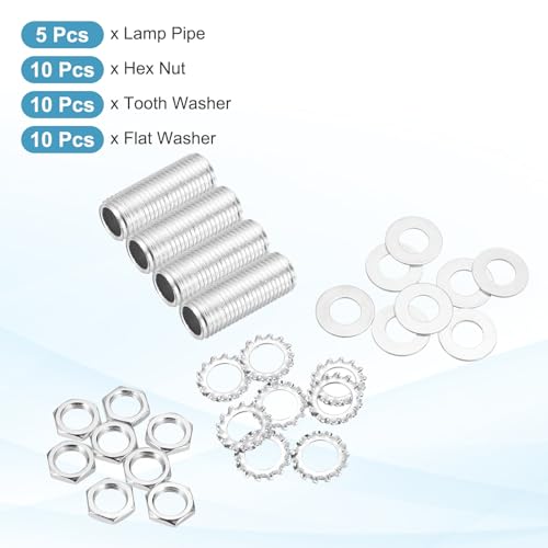 MECCANIXITY 35Pcs 1.2" Lamp Pipe Nipples Kit with Hex Nuts Washers, 1/4IP All Threaded 1/2" Outer Diameter Lamp Rod Hollow Tube Fasteners for Lamp Assembly Chandelier DIY Repair, Silver - size: 1.2"x1/4IP