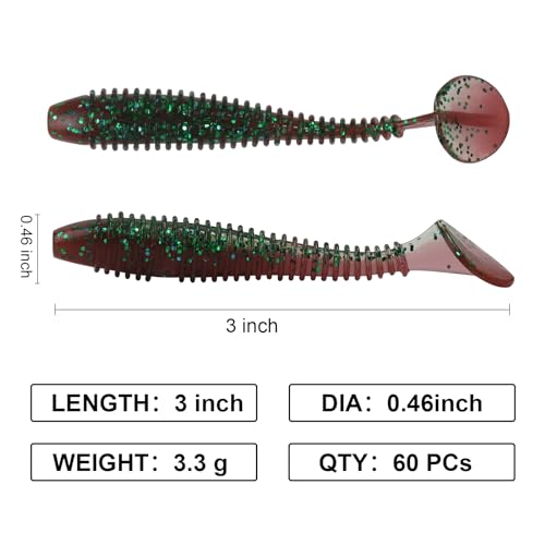 Paddle Tail Swimbaits, 2.5 inch/3inch Soft Lures Fishing Trout Crappie Bass for Freshwater and Saltwater 75PCS/60PCS - color: Wine Red Shiner, size: 3 inch, 60 PCs