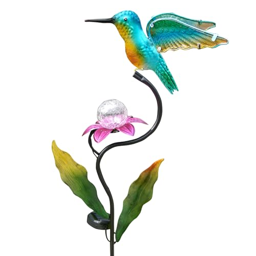 HONGLAND 46 Inch Solar Hummingbird Lights, Solar Garden Decor with Cracked Glass Ball, Hummingbird Decorative Garden Stakes Outdoor Waterproof for Lawn Patio Yard Porch, Gifts for Mom - color: Hummingbird