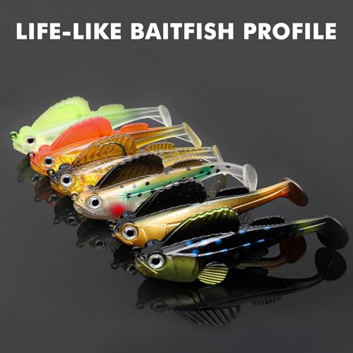 GOTOUR Pre-Rigged Soft Fishing Lures with Weedless Hook, Lifelike Paddle Tail Swimbaits for Bass Fishing, Freshwater & Saltwater Fishing Bait, Fishing Tackle for Bass, Pike, Trout, and Walleye - color: A2-3.5"-0.8oz