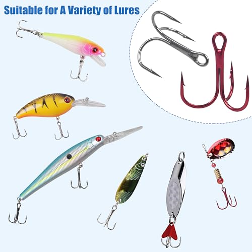 Fishing Treble Hooks Kit, 100pcs Triple Hooks Assortment Red Black Treble Fishing Hooks Sharp Round Bend High Carbon Steel Strong Replacement Fishing Hooks for Saltwater Freshwater
