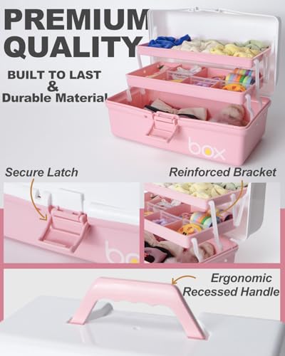TERGOO 12in 3-Layer Plastic Craft Organizers and Storage, Portable Folding Tackle Box with Handle & Adjustable Dividers, Multipurpose Case for Sewing, Art Supplies, Medicine, Tools (White Pink) - color: White Pink