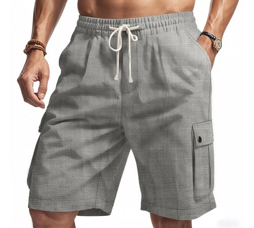 Mens Casual Linen Cargo Shorts Summer Fashion Solid Color Drawstring Elastic Waisted Beach Shorts Pockets - color: Dark Grey, size: Medium