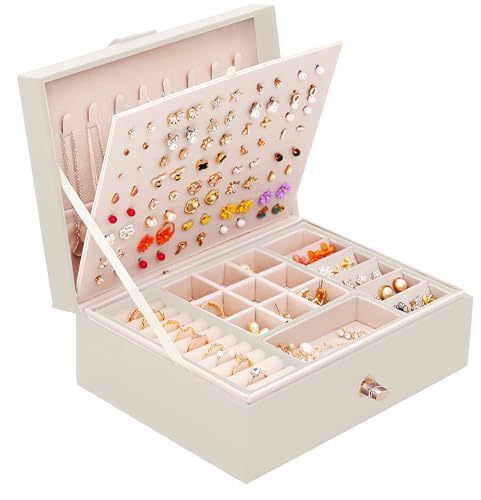 QBestry Girls Jewelry Box Earring Holder Organizer for Girls Jewelry Organizer Box Stud Earrings Organizer for Girl Womens Beige Jewelry Box for Earrings and Necklaces Rings Stud Earring Box for Teen - color: Beige, size: Medium