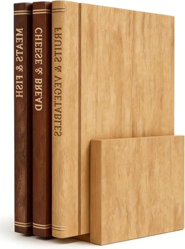 Book Cutting Board Set of 3 with Stand - Wooden Library Shaped Chopping Boards That Look Like Books, Labeled Meat, Fish, Cheese & Bread, Fruits & Vegetables, Decorative Kitchen Cutting Boards