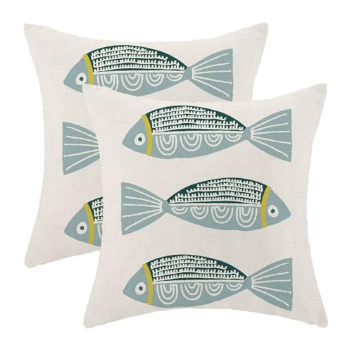 AEIOAE Coastal Pillow Covers 18 x 18 Inch Set of 2, Ocean Beach Blue Fish Print Decorative Throw Pillow Covers Linen Farmhouse Summer Natical Outdoor Pillowcase for Couch Home Sofa Decor - color: Blue Fish, size: 18" x 18" (Pack of 1)