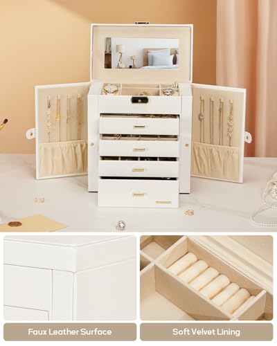 Homde Synthetic Leather Huge Jewelry Box Mirrored Watch Organizer Necklace Ring Earring Storage Lockable Gift Case (White + Gold) - color: White + Gold