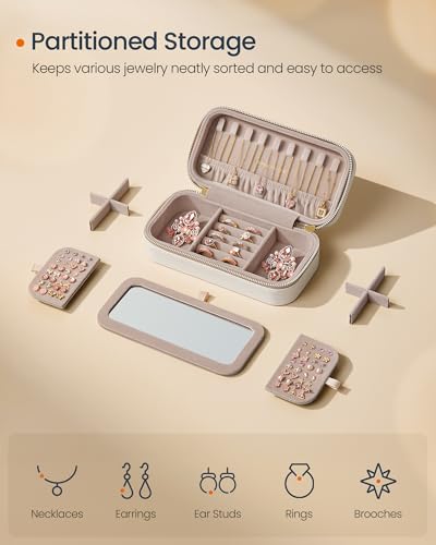 SONGMICS HOME Travel Jewelry Case, Travel Jewelry Box Organizer with Mirror, 4.1 x 8 x 2.4 Inches, Stitching, Portable, Gift Idea, Cloud White UJBC180W01 - color: Cloud White, size: 8"W