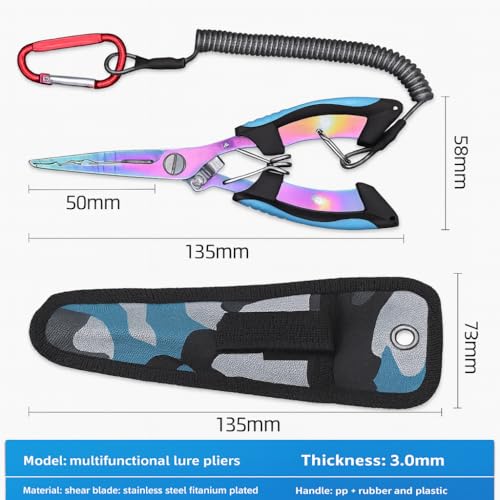 Premium Saltwater & Freshwater Fishing Pliers – Rainbow Titanium-Coated Rust-Resistant Multi-Tool with Tungsten Carbide Line Cutters, Split-Ring Tip, Non-Slip Ergonomic Grip & Coiled Lanyard