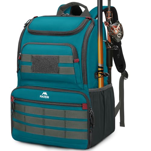 MATEIN Fishing Backpack Tackle Box, Water Resistant Tackle Backpack with Cooler & Rod Holders, Fishing Gifts for Men - color: Icy Blue & Grey