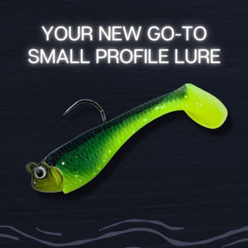 Mackinaw Shad Pre Rigged Swimbait, Paddle Tail Swim Baits, Ready to Fish Soft Plastic Swimbaits, Swim Baits for Bass Fishing, Saltwater Fishing Lures and Freshwater Fishing Lures - color: Black Chartreuse