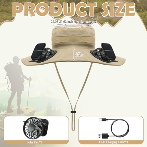 Berlune Sun Hat with 2 Solar Fan Wide Brim Fishing Bucket Hat USB & Solar for Men Women UPF 50+ Cooling for Fishing Beach - color: Khaki, size: 5.9 Inch Brim