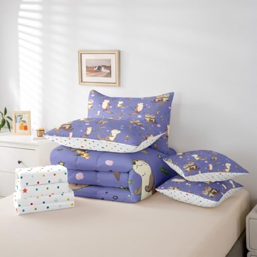 Erosebridal Lap Otter Comforter Set with Sheets Twin Size Cartoon 7-Piece Bedding Set for Kids Boys Girls Sea Otters Kawaii Cartoon Natural Animal Beige Dark Blue Lightweight Bed in A Bag - color: Beige Dark Blue, size: Twin