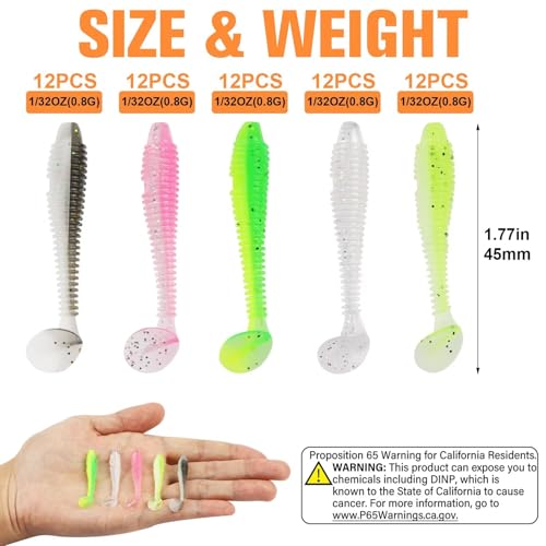 Dovesun Crappie Lures Kit Soft Plastic Baits Paddle Tail Swimbaits Fishing Soft Plastic Lures Crappie Walleye Trout Bass Fishing Baits 60pcs/75pcs - color: Paddle Tail-1.7in-60pcs