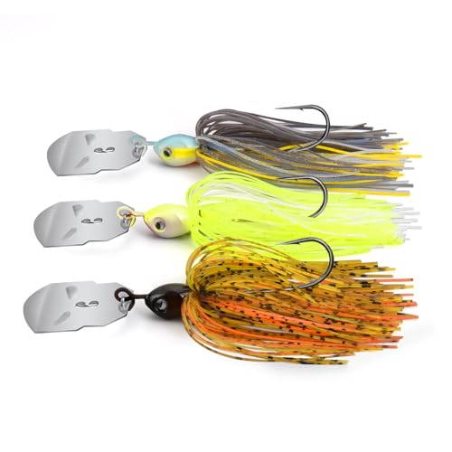 MadBite by KastKing Bladed Jig Fishing Lures, Multi-Color Kits, Irresistible Vibrating Action, Sticky-Sharp Heavy-Wire Needle Point Hooks, Popular 3/8 oz and 1/2 oz Sizes, Includes Storage Box - color: B: 3 Pack (1/2oz) - Clear Water
