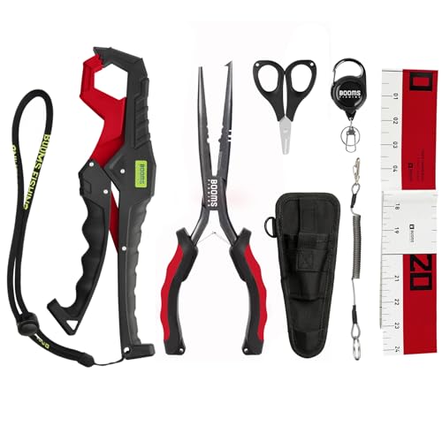 Booms Fishing Gear and Equipment: 6pcs Fishing Tools Kit with Needle Nose Pliers, Fish Gripper, Scissors, 24" Ruler, Retractor & Lanyard - Saltwater Fishing Tackle Accessories Gifts for Men, TK1 - color: Red