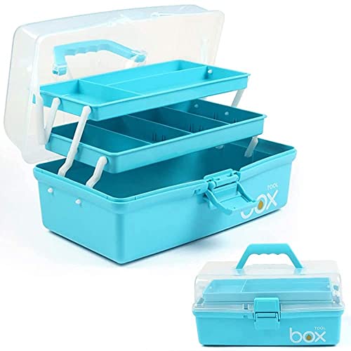TERGOO 12in 3-Layer Plastic Craft Organizers and Storage, Portable Folding Tackle Box with Handle & Adjustable Dividers, Multipurpose Case for Sewing, Art Supplies, Medicine, Tools (Blue) - color: Blue