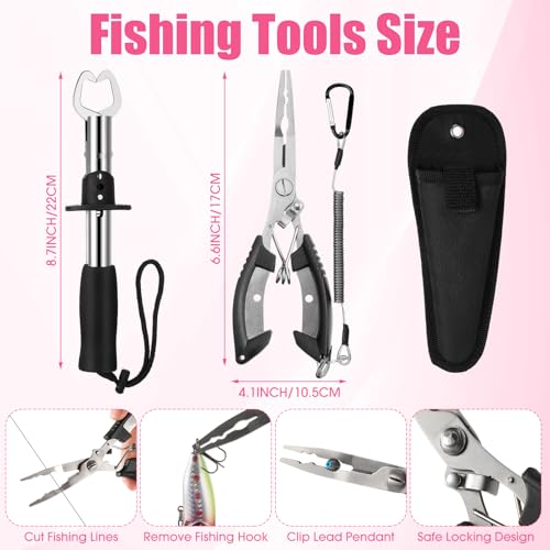 RoundFunny 3 Layers Fishing Tackle Box 414 Pcs Fishing Gift Lures Gear Kit with Tackle Included Pliers Lip Gripper Bait Hook Accessories for Beginner Fisherman Women Men, Fit Bass Trout - color: Pink