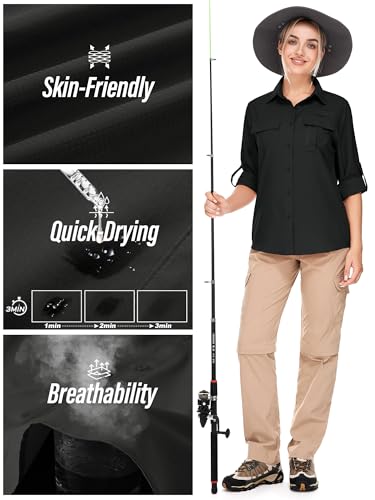 Women's UPF 50 Long Sleeve Sun Protection Shirts Safari Fishing Hiking - color: Black, size: Small