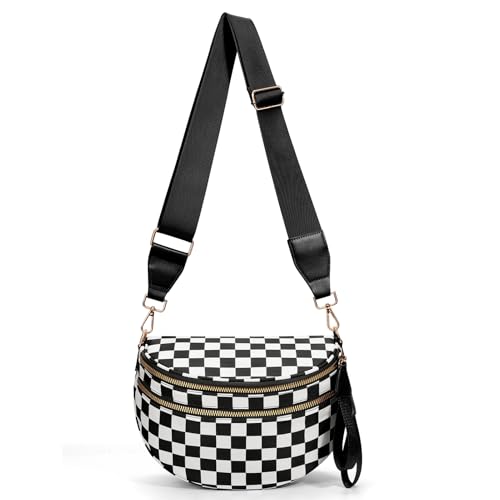 Checkered Crossbody Bum Bags for Women Nylon Checkered Purse Checkerboard Fanny Pack - color: A01-black