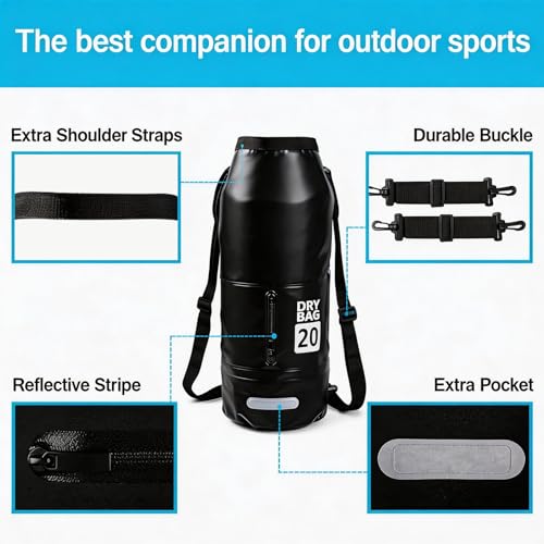 20L Waterproof Dry Bag - Floating Heavy Duty PVC Dry Sack - for Boating, Fishing & Beach - Backpack Style Waterproof Bag for Men & Women - color: Black, size: 20L