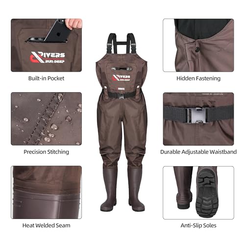 Upgraded 210D Nylon Chest Waders with Boots - Waterproof PVC Fishing & Hunting Waders for Men, Breathable Wading Gear - color: Brown