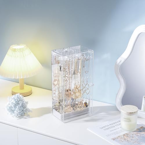 Lolalet Earring Holder Organizer, Acrylic Jewelry Organizer Rotating Clear Earrings Display Box, Dust-proof Jewelry Storage Case with Velvet Tray -Earringmirror - color: 4 -Earringmirror