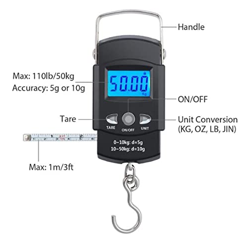 TXY Fish Scale, 50kg/110lb Portable LCD Electronic Hand Scale Travel Hanging Fish Scale with 1m Ruler Tape Precision Steelyard Scales for Fishing