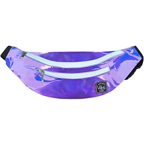 Vibe Festival Gear Rave Fanny Pack for Women Men – Festival, 4 Pockets, Adjustable Strap, Cute Waist Bag, Crossbody Belt Bag, Hiking, Running, Cycling - color: Purple Holographic Iridiscent, size: Fits Most