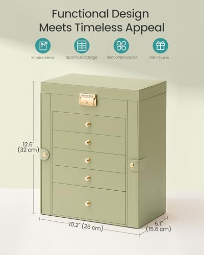 SONGMICS 6-Layer Jewelry Box Organizer with 5 Drawers, Jewelry Storage Case with Lock and Mirror, Large Storage Capacity, Gift for Loved Ones, for Necklaces, Watches, Sage Green UJBC152CE01S - color: Sage Green, size: 6 Tier