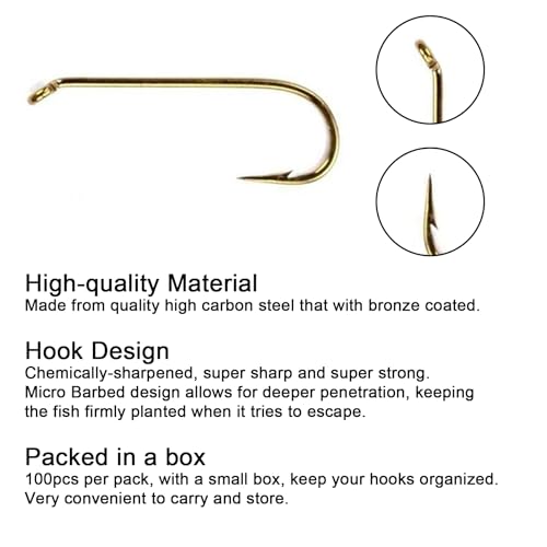 Eupheng Fly Fishing Hooks 100pc Pack Micro Barbed High Carbon Steel Bronze Forged for Dry Flies, Curved Nymphs, Shrimp,Caddis Pupa - color: EP FLY-STR-0002, size: #8