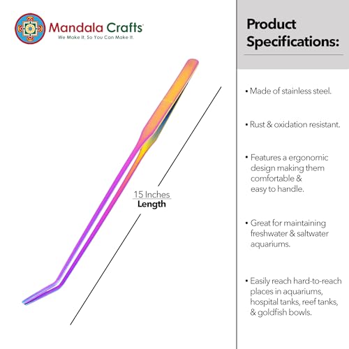 Mandala Crafts Rainbow Curved Aquarium Tweezers for Fish Tanks | 15 Inch Forceps, Rust Resistant Stainless Steel, Trimming Aquatic Plants, Bowls, Terrariums, Freshwater & Saltwater Aquascape - color: Rainbow Curved Tweezers, size: 15 Inches