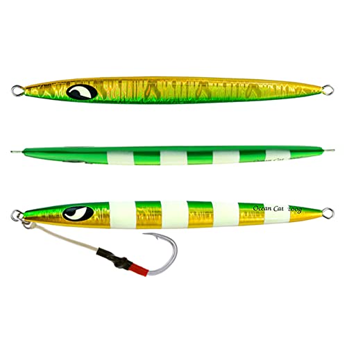 OCEAN CAT Slow Pitch Jig Flat Fall Jig Saltwater Fishing Luers Mental Vertical Jigging Baits with Hooks 5 Colors 4 Weights - color: #012:Green&Gold, size: 14 1/9oz(400g)