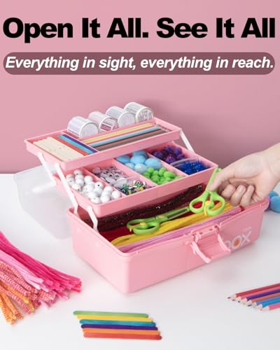 TERGOO 12in 3-Layer Plastic Craft Organizers and Storage, Portable Folding Tackle Box with Handle & Adjustable Dividers, Multipurpose Case for Sewing, Art Supplies, Medicine, Tools (Pink) - color: Pink